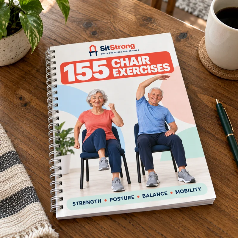 Printed SitStrong 155 Chair Exercises workbook on a kitchen table