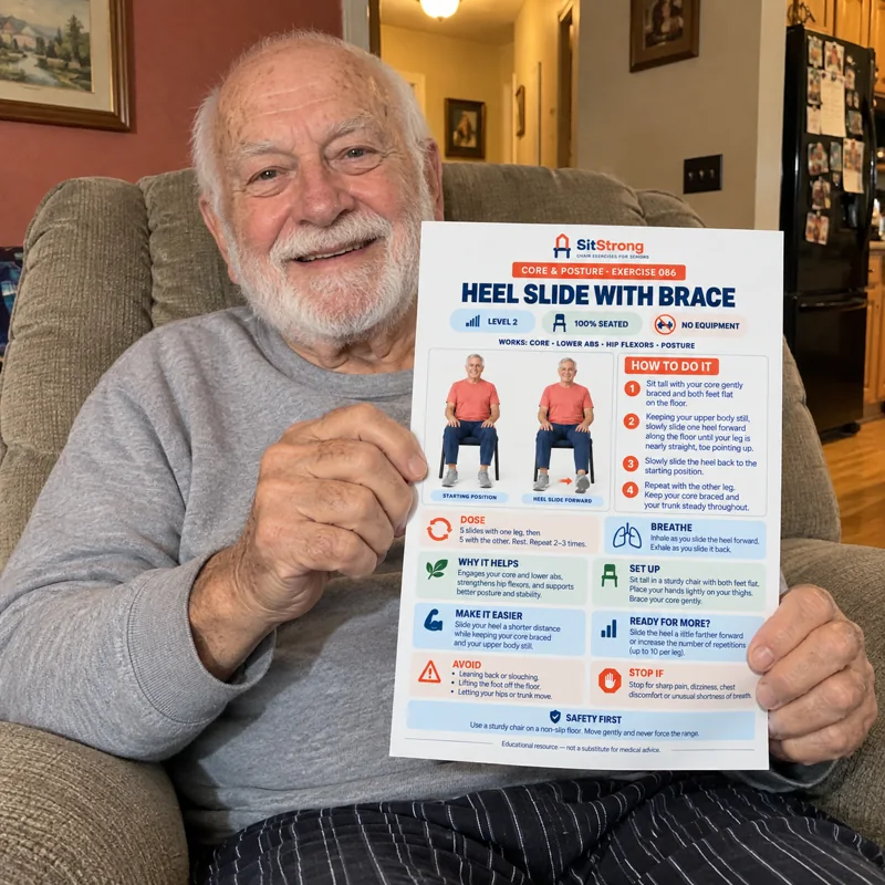 Robert holding a printed SitStrong exercise page in his living room