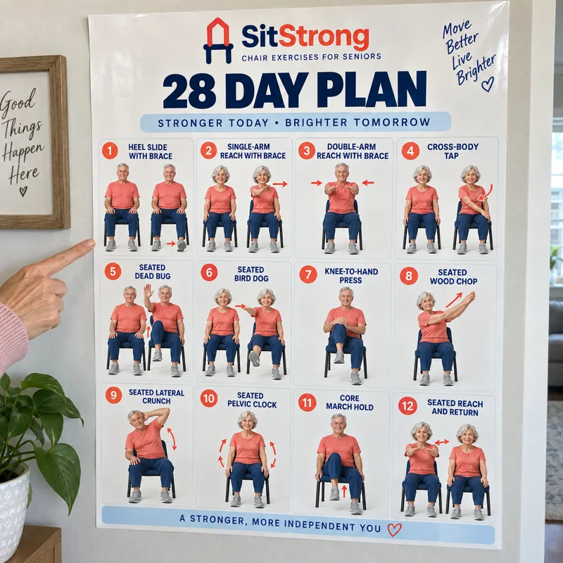 SitStrong 28-day plan poster taped to a living room wall