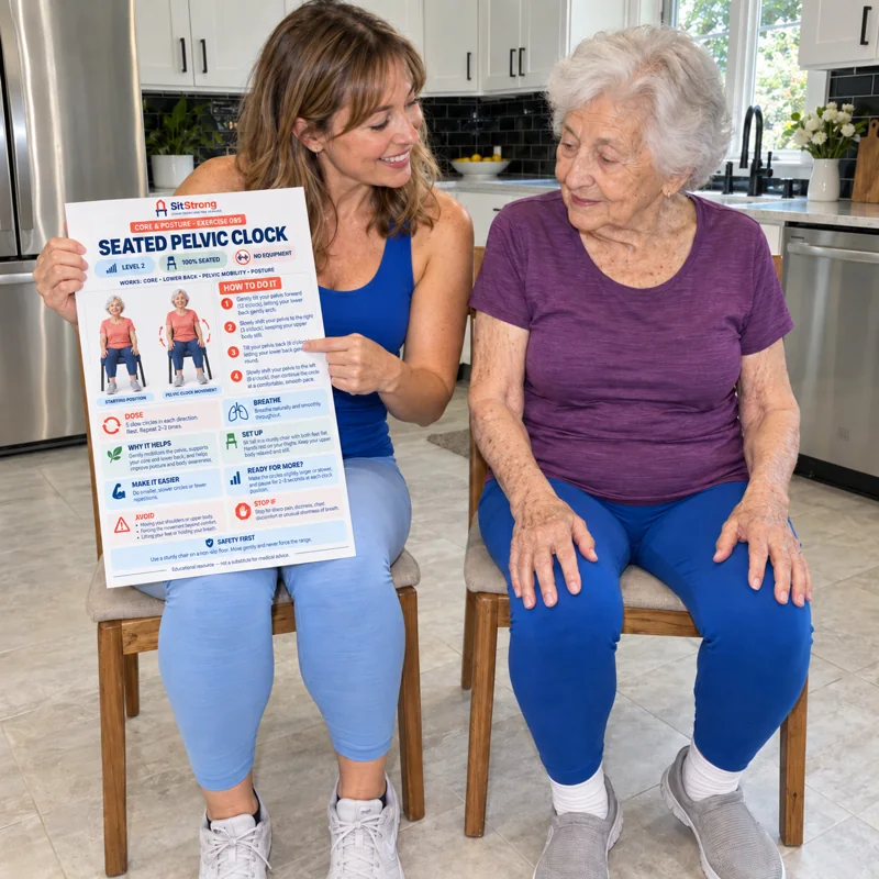 Linda and her mother with a printed SitStrong page on two kitchen chairs